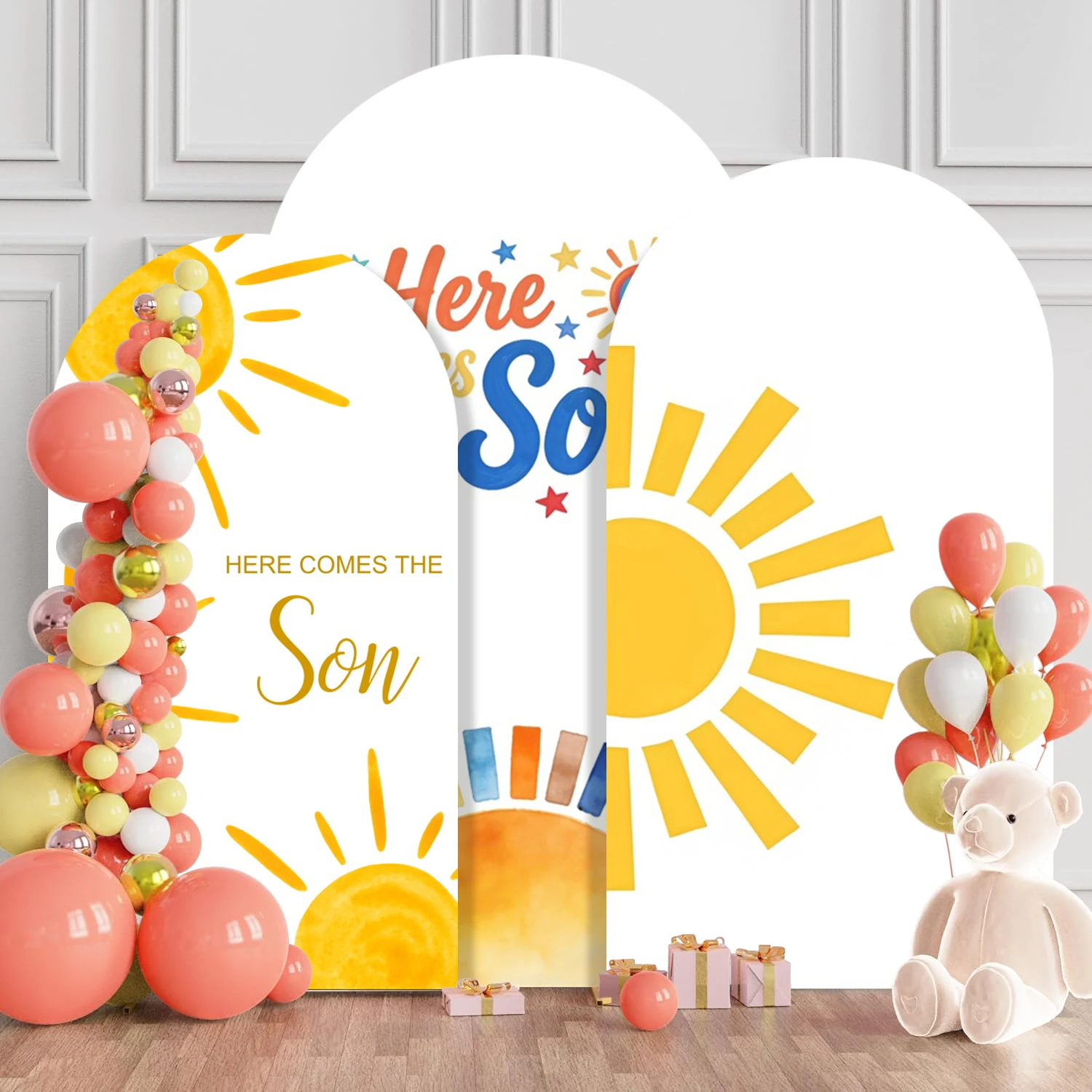 Yellow Sun Arch Cover Background for Baby Shower Birthday Party Decoration Children's Simple Drawing Elastic Arched Backdrop