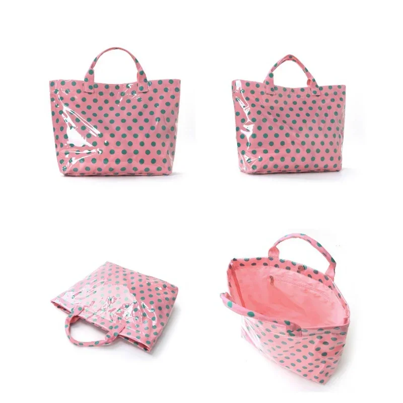Damen-Tragetasche aus PVC mit Polka-Dot-Muster und Farbblockierung, klassische Retro-Mode-Schulterhandtasche, wasserdichte Reise-Aufbewahrungstasche mit großem Fassungsvermögen – Detail 4