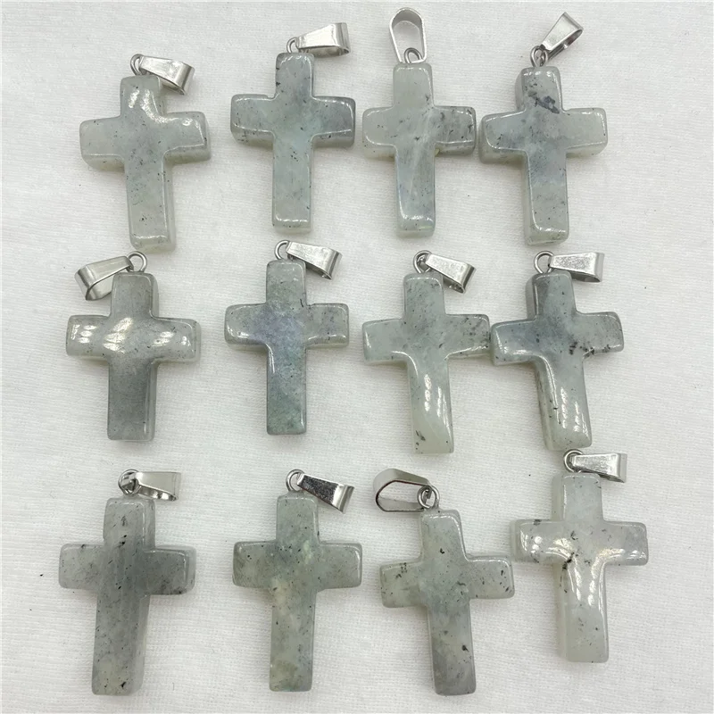 Natural Gem Stone Quartz Crystal Labradorite Cross Pendants For Diy Jewelry Making Accessories Men Women Necklace 12Pcs