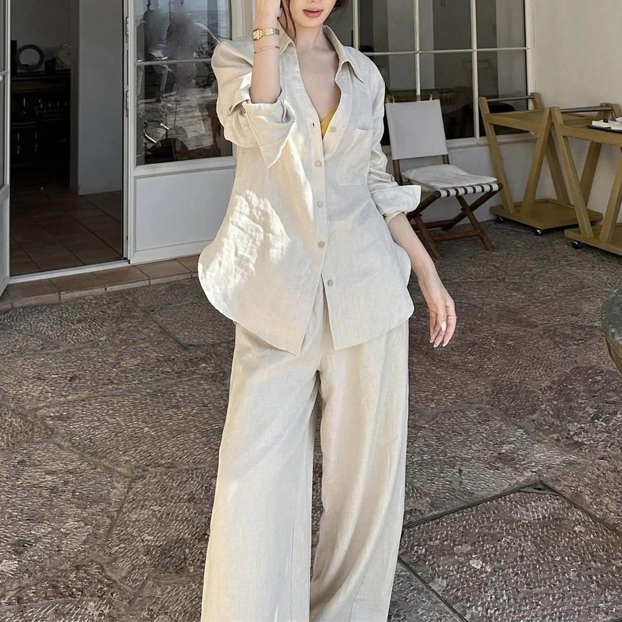 Spring/Summer 2026 Fashionable Versatile New Design Old Money Style Casual Long Sleeve Shirt And Loose Pants Set