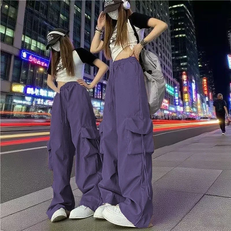 Fashion Y2K Loose Multi Pocket Drawstring Pocket Cargo Pants, Casual Sports Loose Wide Leg Pants For Hiking, Women's Athleisure