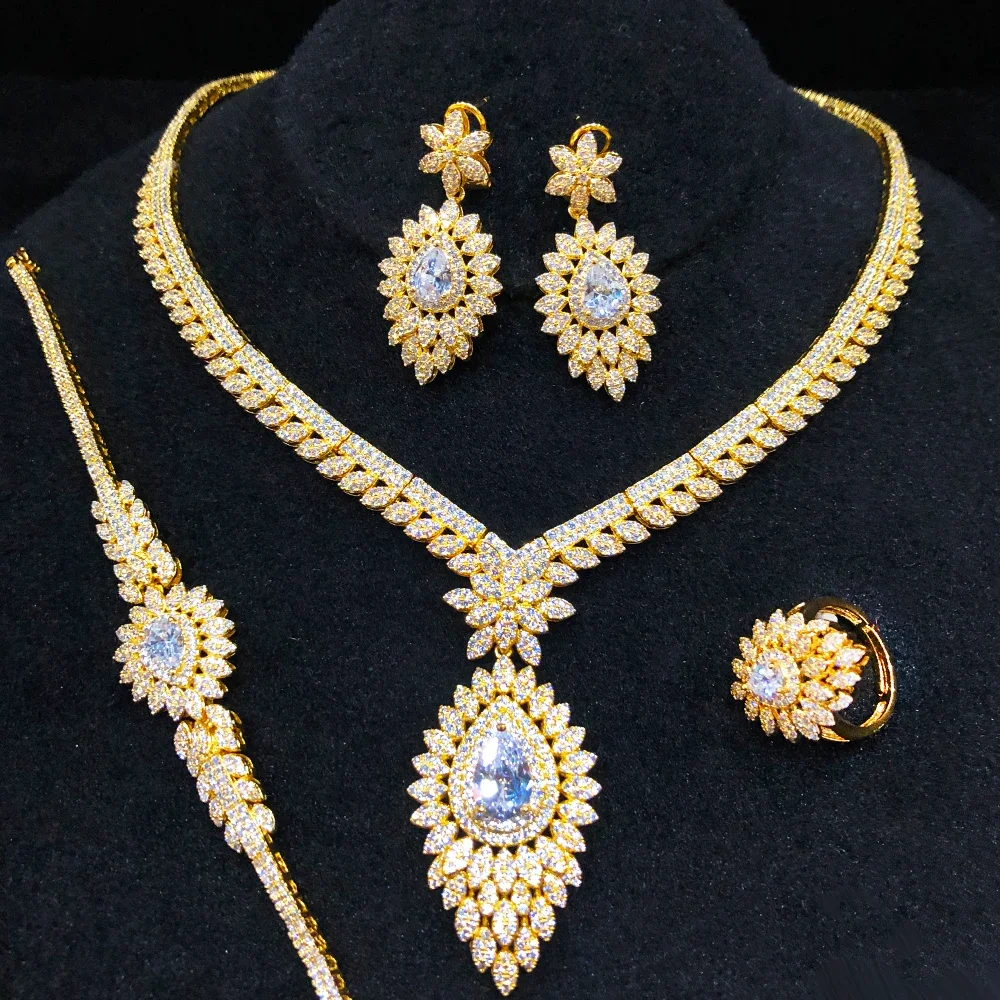

Soramoore Luxury Gorgeous Women Cute Noble Necklace Bangle Earrings Ring 4PCS Jewelry Set Charm Brides Wedding Jewellery
