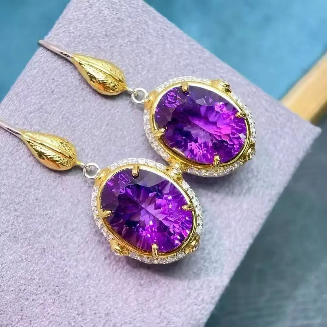 Natural Amethyst Dangle Earrings, 925 Silver Two-Tone Setting 13x18mm Main Stones, Crystal Jewelry Gift for Women