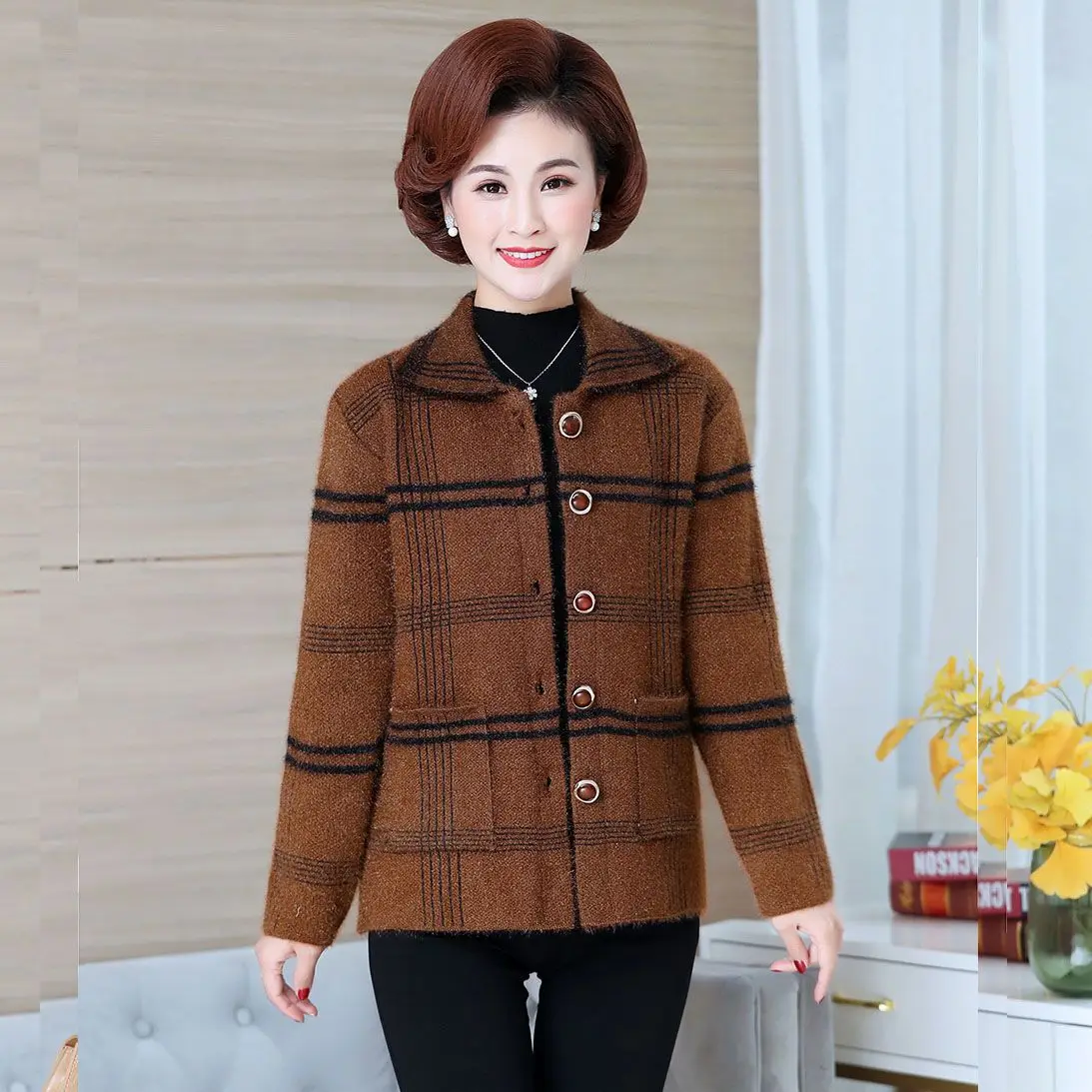 Middle Aged Elderly Women's Cardigan Sweater Spring Autumn Thicken Imitation Mink Velvet Knitted Jacket Mother Sweater Coat 4XL