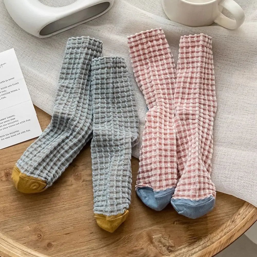 5 Pairs Comfortable Cotton Blend Crew Socks Mid Calf Soft Plaid Socks Knit Pattern Elastic Cuff Casual Socks Home Lounging