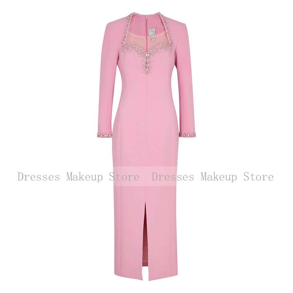 Rhinestone Special Occasion Dresses Midi Column Sweetheart Prom Gowns for Women 2024 Long Sleeves Tea Length Party Dress Pink