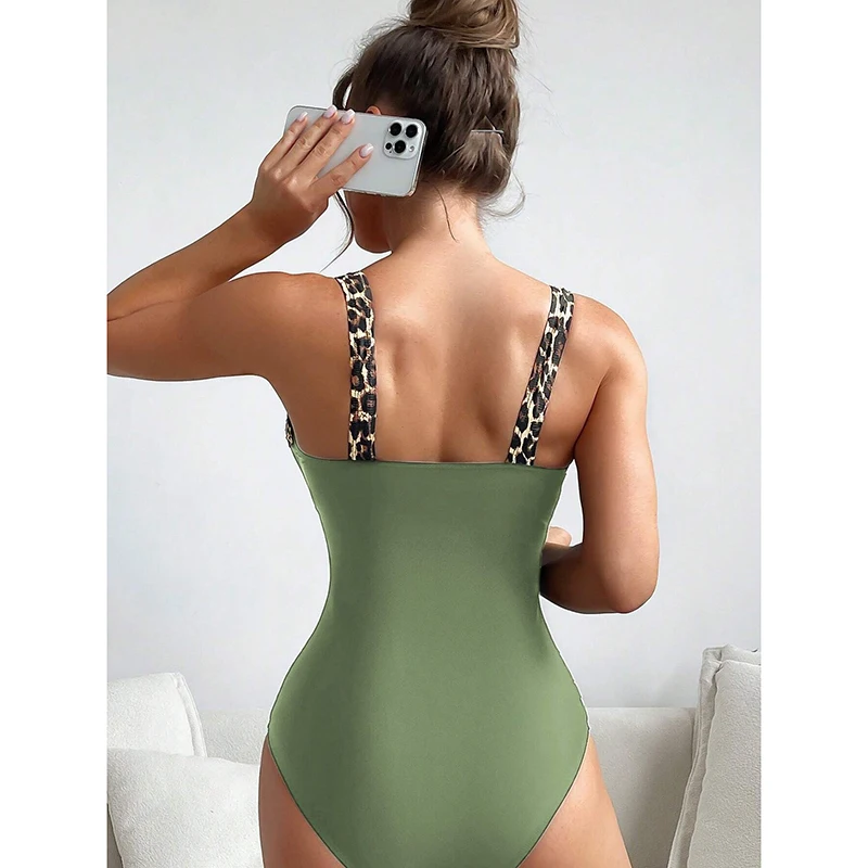 Neue Sexy Einfarbig Frauen Leopard Print One Piece Bikini Badeanzug Slim Fit Mode Beachwear Sommer Urlaub Urlaub
