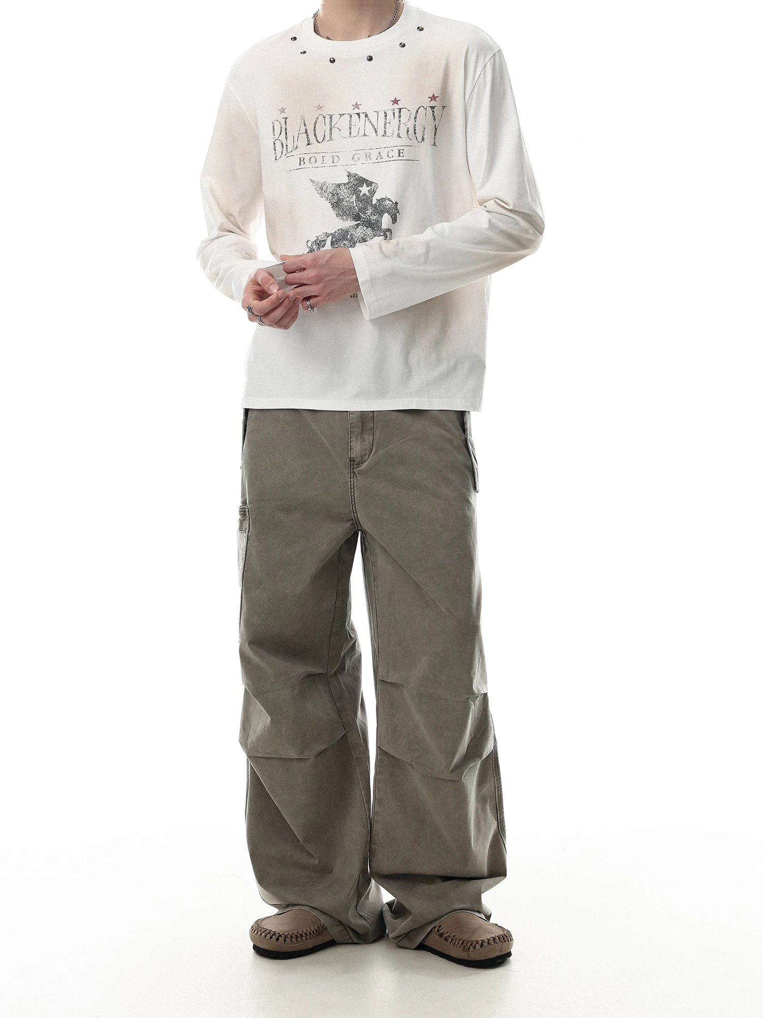 Retro American Workwear Wide Leg Men's Casual Pants Multiple Pockets Washed Faded Trendy Cotton Jeans mid Waist Zipper