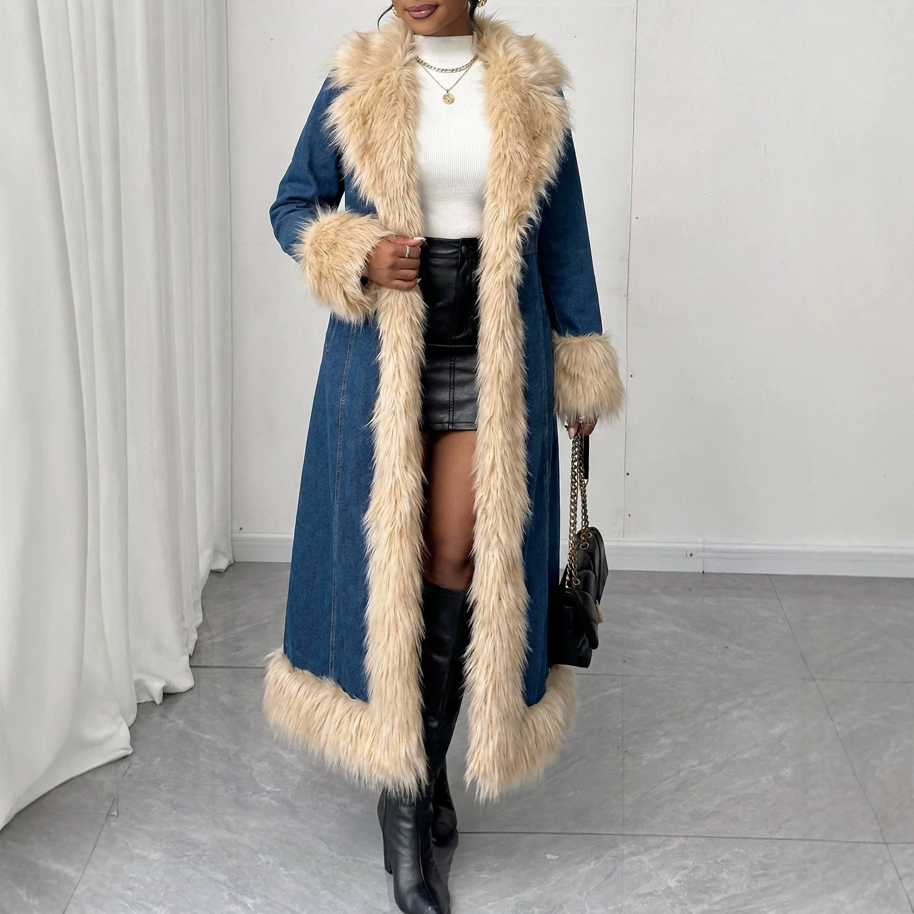 2026 Autumn and Winter New Women's Denim Windbreaker Slim Fit Faux Fur Coat