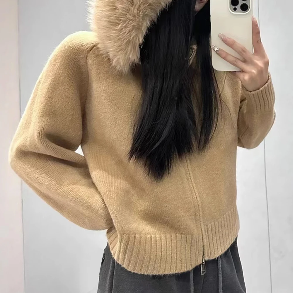 

Korean Retro Women's Knitted Cardigan Long-Sleeved Fur Collar Hooded Sweater Jacket Loose Casual Versatile Autumn Winter