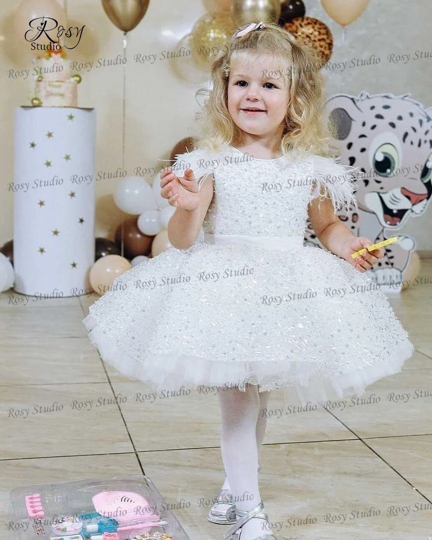 Lujoso vestido blanco de flores para niña, vestido de fiesta con cuello redondo y cuentas, para graduación, boda