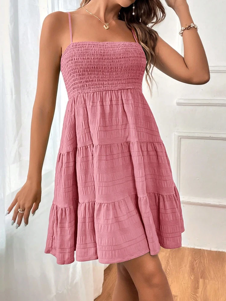 Mini abito casual senza maniche con volant da donna Boho Solid Beach Holiday Sundress Summer Fashion Chic Abito sexy con cinturino a fessura Donna