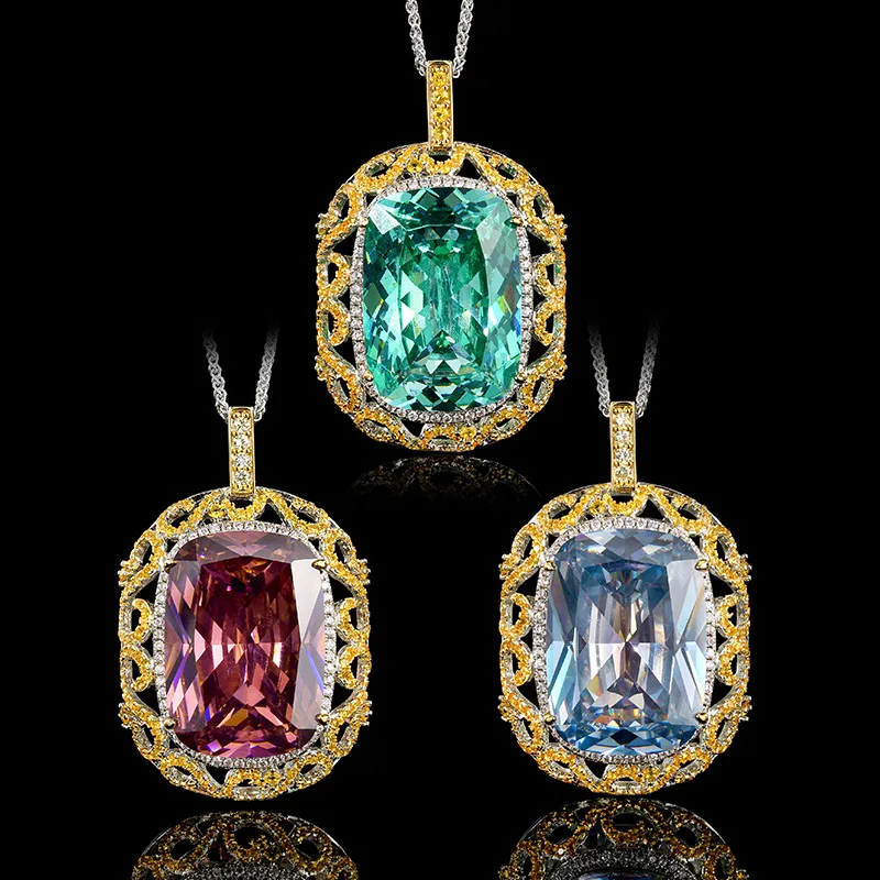 

Vintage Lace Gold Plated Pendant Necklace Rectangular Colorful Gemstone Teal Pink Blue Accented Statement Jewelry for Women