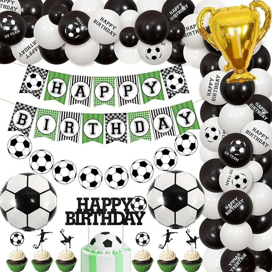 

JOYMEMO football birthday decoration, balloon arch set, banner cake top, boys and girls sports party decoration supplies