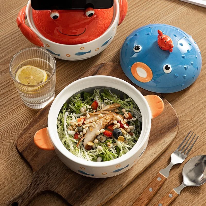 Kawaii Crab Ramen Ceramic Bowl with Lid, Cute Pufferfish, Salad Fruit, Instant Noodle, Rice Soup, Large Kitchen Tableware