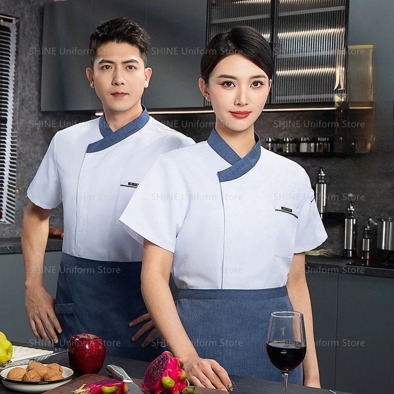 Restaurant veste à manches courtes été hommes noir Chef uniforme tablier vêtements de travail Logo Chef Shorts respirant Chef manteau cuisine