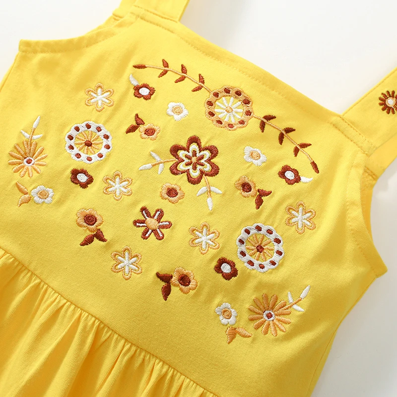 Little maven 2024 Kids Clothes Girls Casual Cotton Summer Yellow Embroidery Cartoon Flowers Dress for Toddler Infant Children