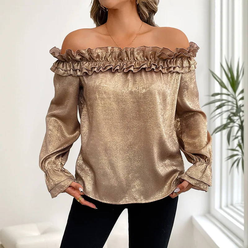 2025 Gold Off Shoulder Shirt Women Sexy Elegant Party Blouse Long Sleeve Ruffle Top Night Club Dinner Going Out Tops