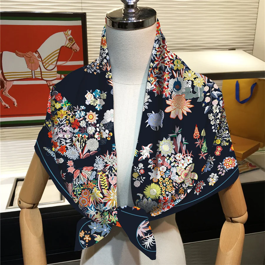 POBING Silk Scarf Women Floral Print Square Scarves Head Echarpes Silk Foulards Femme Wraps Beach Shawl Bandana Lady Hijabs 90CM