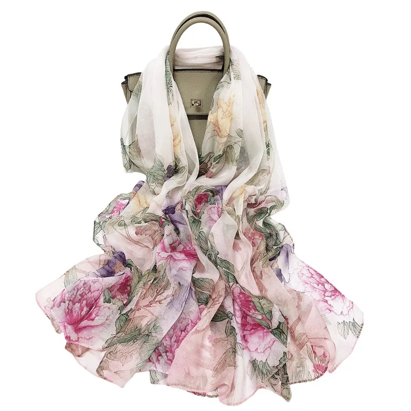 

Lightweight Large 100% Mulberry Silk Chiffon Scarf for Women Oblong Shawl Neck Scarf Beach Wrap Headscarf Gift Pack White Floral