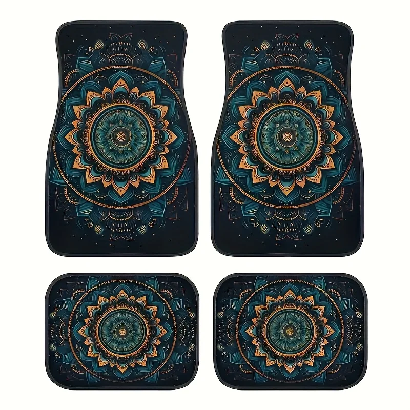 

4pcs Car Floor Mats With Mandala Pattern, Universal, Non-Slip, Washable Polyester Fiber, Stylish Protective Car Floor Cushion, S