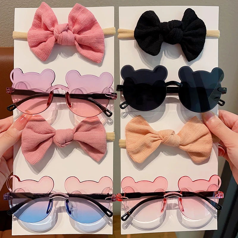 2 Pcs/Set Colors Soft Bowknot Wide Hairband Transparent Gradient Bear Shape Sunglasses Boys Girls Headwear Kids Hair Accessories