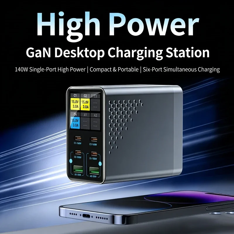 140W GaN Charger with Smart Digital Display, PD 3.0 Fast Charger, Multi-Port USB Charging Station for Laptop, Phone & Tablet