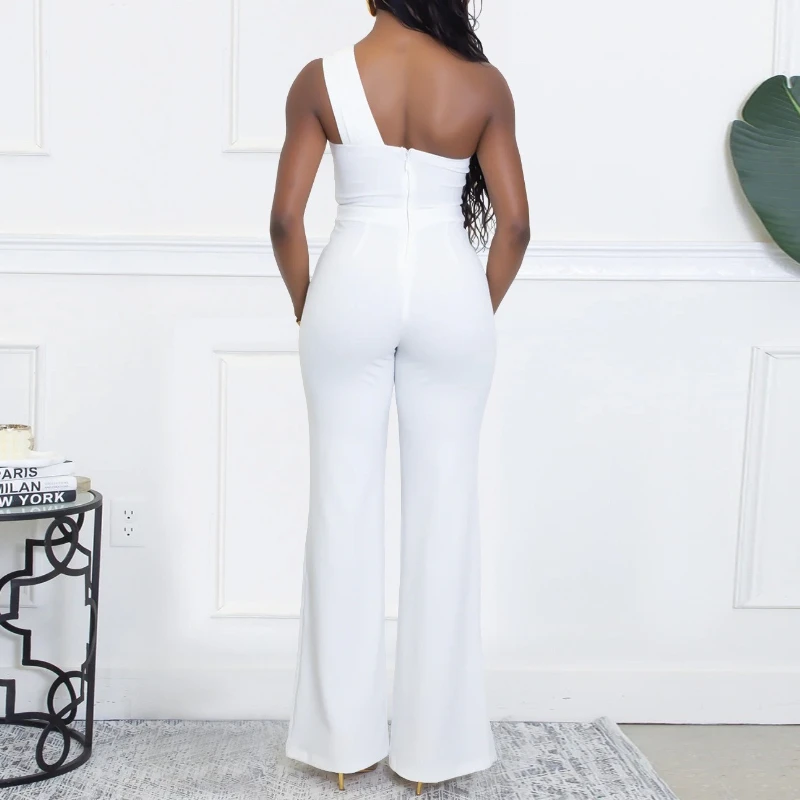 Casual dames jumpsuit 2025, mode, één schouder, mouwloos, metalen riem, decor, overall, hoge taille, wijde pijpen, sexy feestromper, nieuw