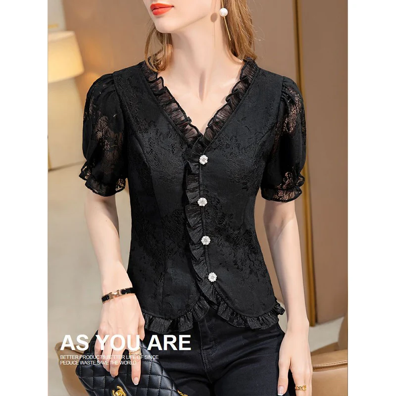 Office Lady Chic Lace Chiffon Shirts Fahsion Women Clothing Tunics Elegant Ruffles Embroidery Pretty Short Sleeve Female Blouse