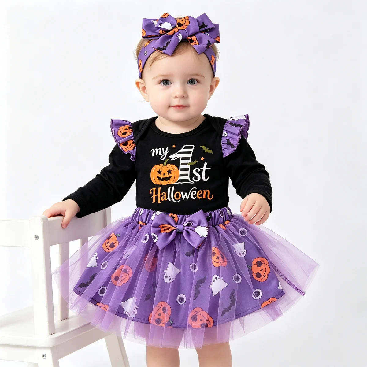 My 1st Halloween Baby Girl Outfit 3Pcs Long Sleeve Ruffle Bodysuit Pumpkin Print Tulle Tutu Skirt Headband Infant Costume Set