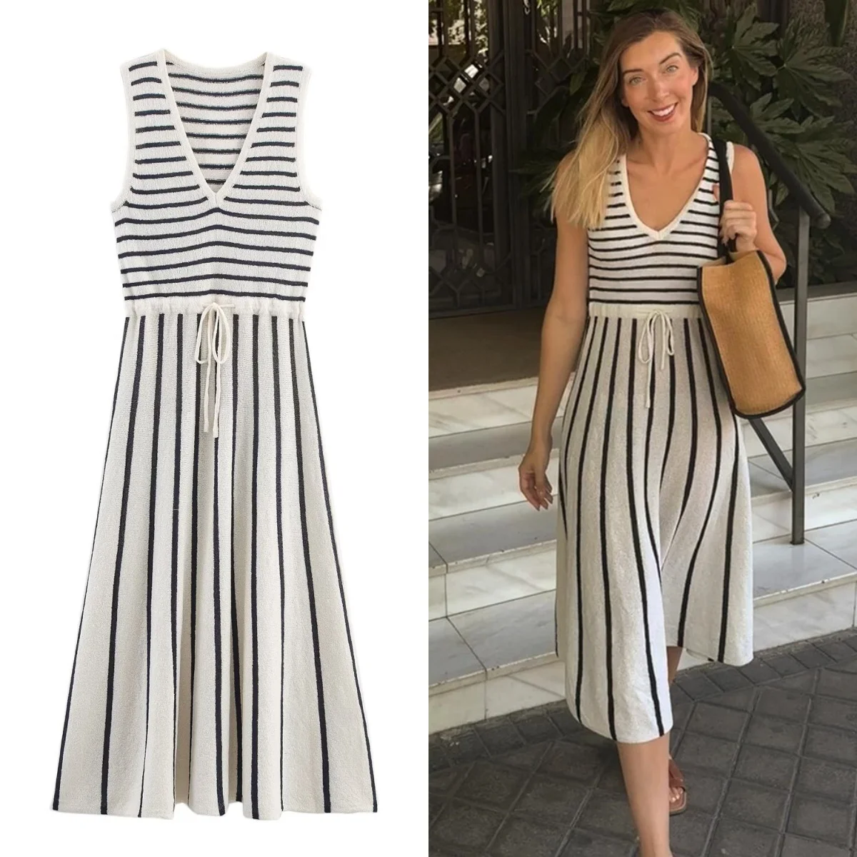 

UNIZERA Striped stitching cut knitted dress 2025 summer new arrivals Women's V-neck sleeveless slim dress