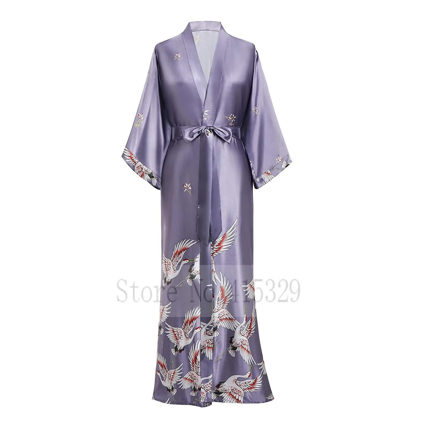 Women Long Kimono Robe Print CRANE Nightgown Wedding Party Gift Longewear Bride Bridesmaid Bathrobe Gown Intimate Lingerie