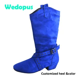 Wedopus Customized Heel Country Dance Boots Practice Faux Suede Mid calf Royal Blue Boots for Dancing Indoor Dance Warm Boots