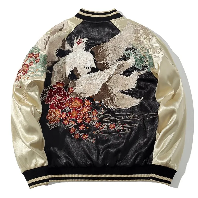 New Men Boys High Street Sukajan Souvenir Jacket Nine Tailed Fox Peony Embroidered Pilot Bomber Letterman Varsity Award Vintage