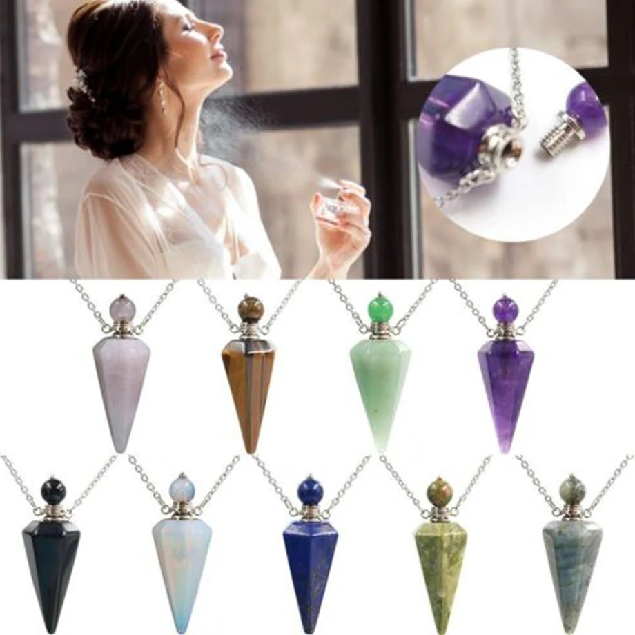 Collier diffuseur d'huiles essentielles en cristal, pendentif cône en pierre naturelle, quartz clair, colliers diffuseurs H119