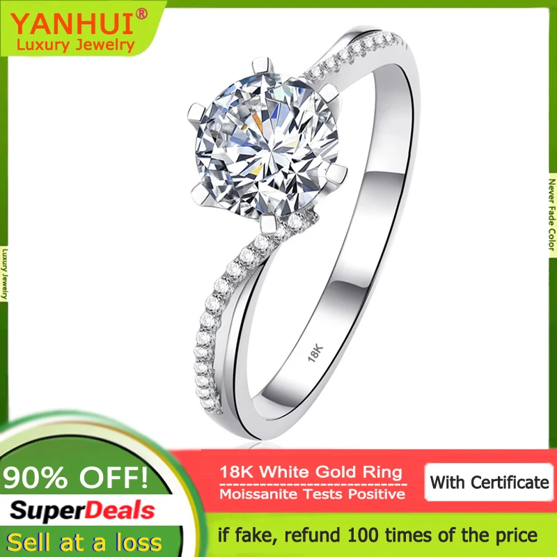 YANHUI Real 18K White Gold Ring Wedding Jewelry Elegant Twist Six Claws 1 Carat Moissanite Diamond Ring Women's Fine Accessories