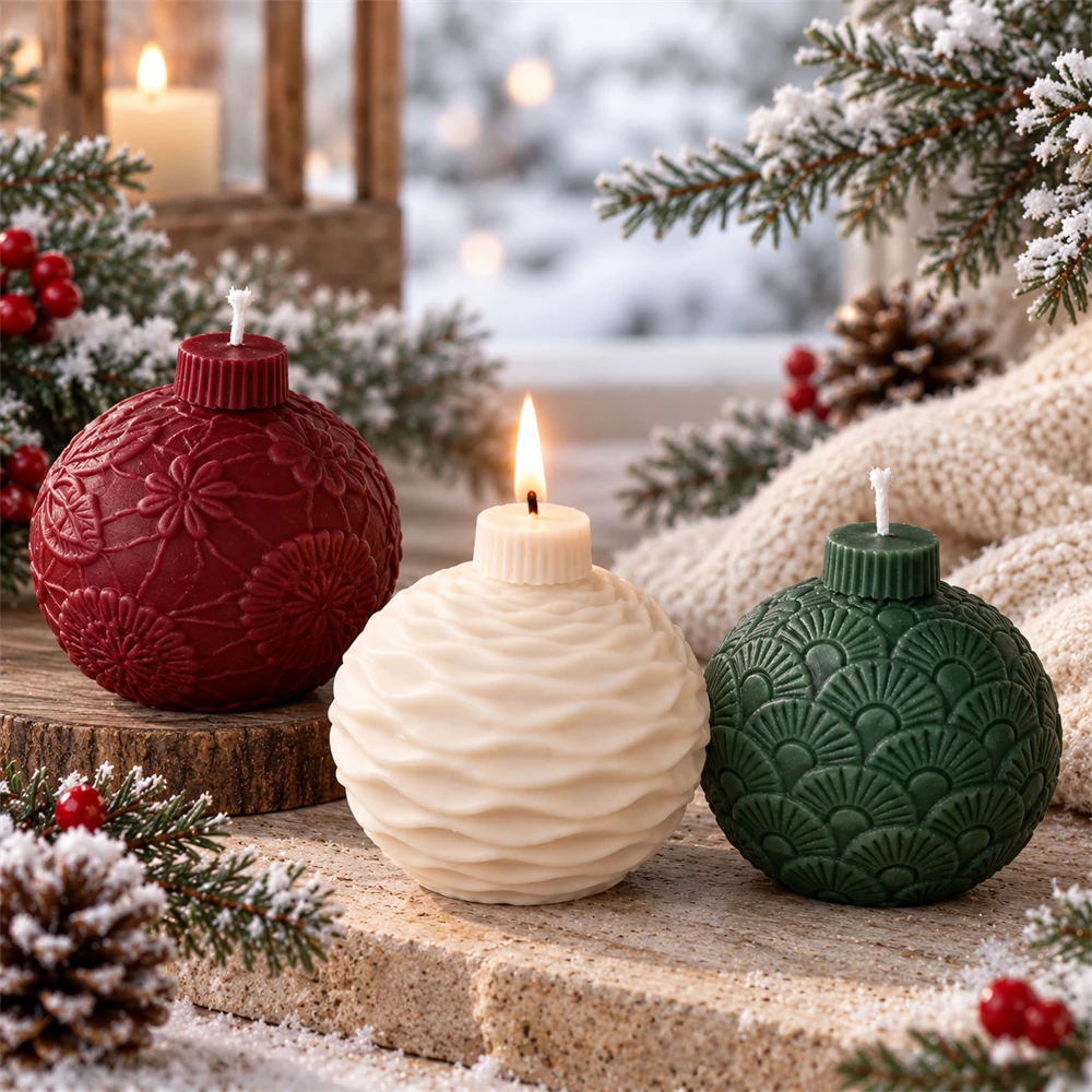 3D Embossed Floral Christmas Ball Candle Mold DIY Texture Xmas Ball Silicone Mould for Scented Candle Making Holiday Decor Gift