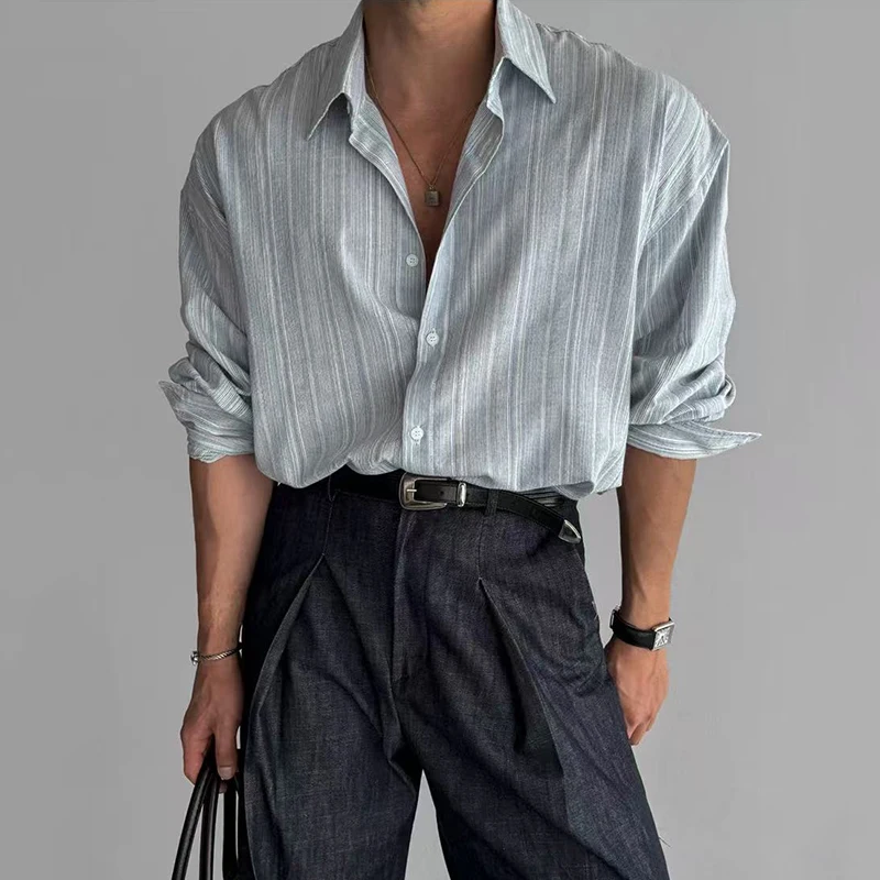 

Полосатые рубашки для мужчин, весенние свободные мужские повседневные блузки с длинными рукавами Y2K, корейские простые однобортные универсальные топы с лацканами, новинка