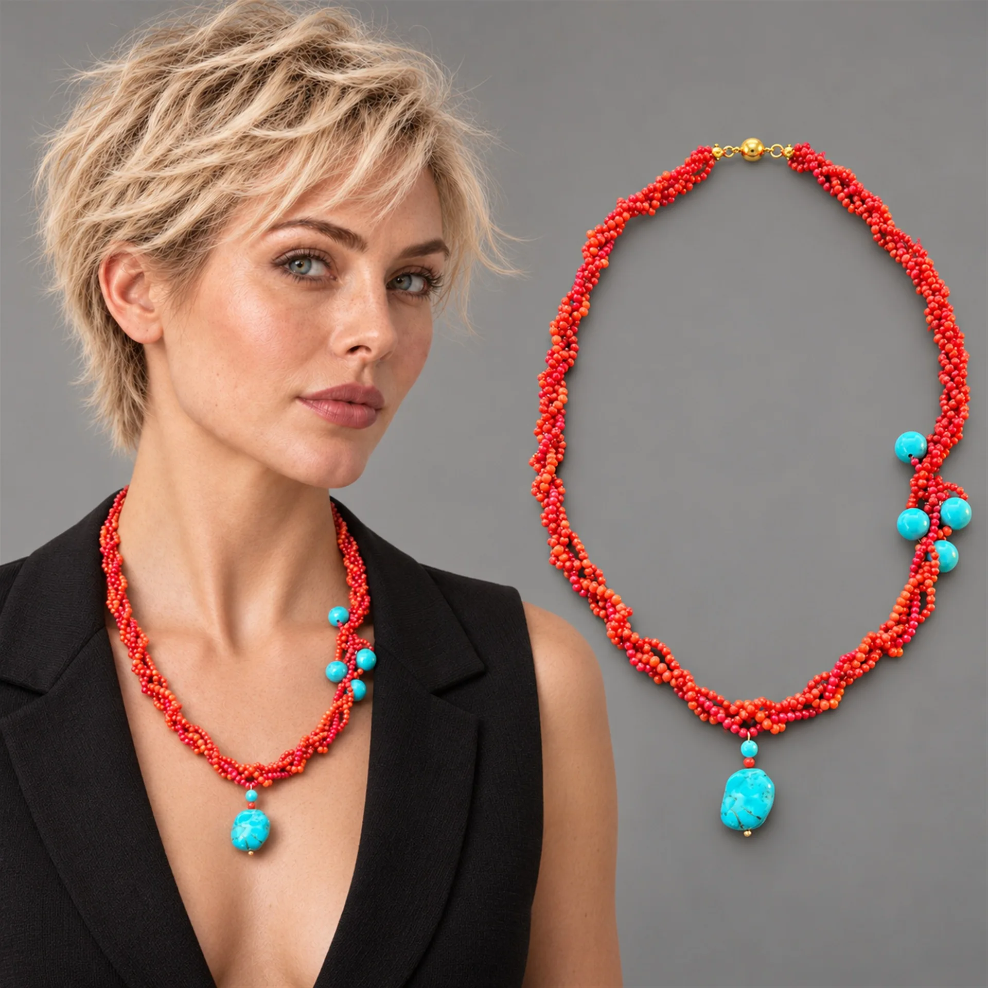 African Multi Layer Coral Turquoise Necklace for Women Bohemian Ethnic Choker Collar Statement Jewelry Fashion Christmas Gift