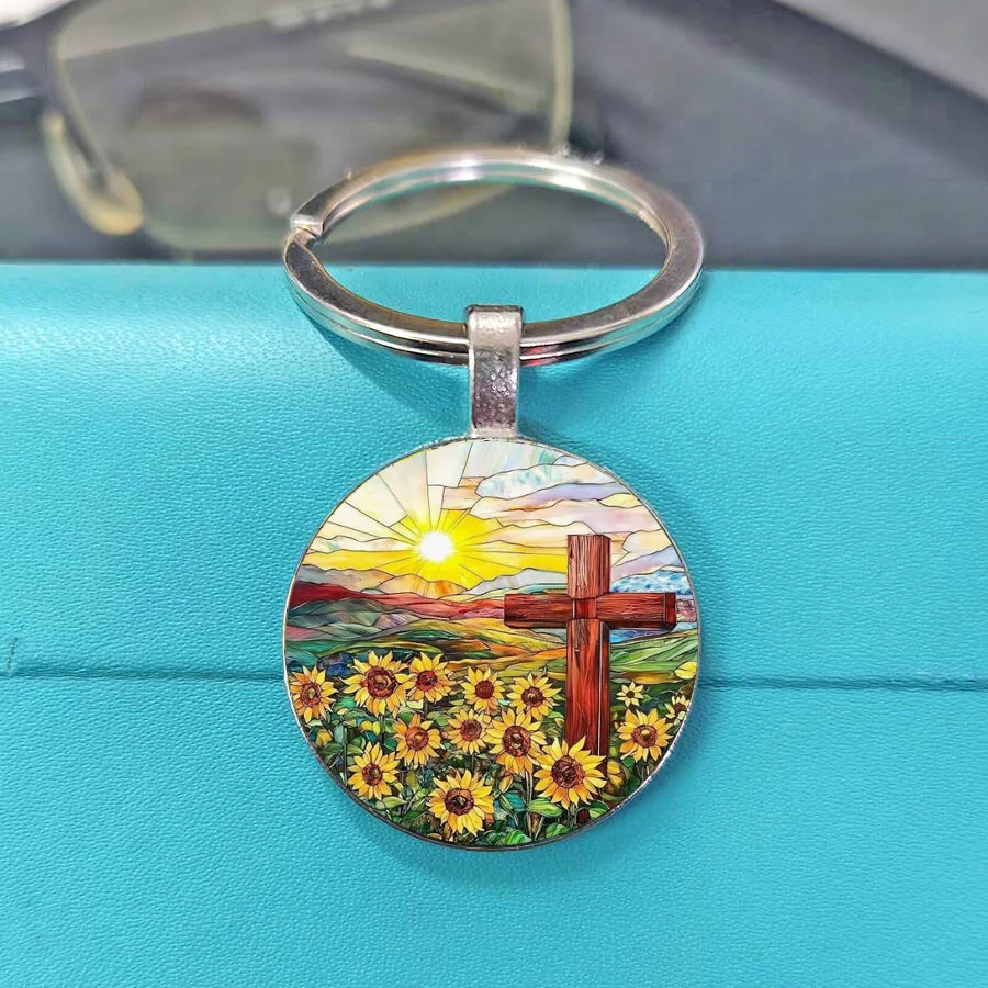 Popular And Exquisite Faith Jesus Christ Wooden Keychain Cross Sunflower Daisy Red Cardinal Mosaic Art Silver Keyring