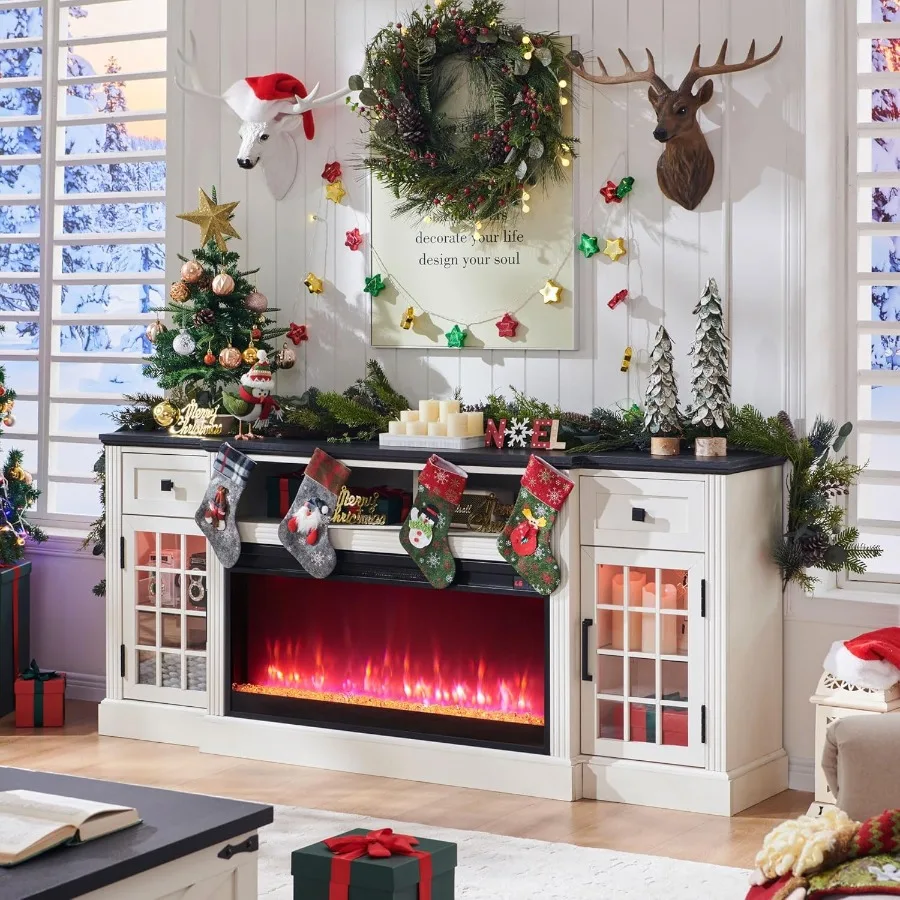 Soporte para TV con chimenea estilo granja moderno diseñado para televisores de 80 pulgadas con chimenea eléctrica integrada de 36 pulgadas y iluminación LED ambiental