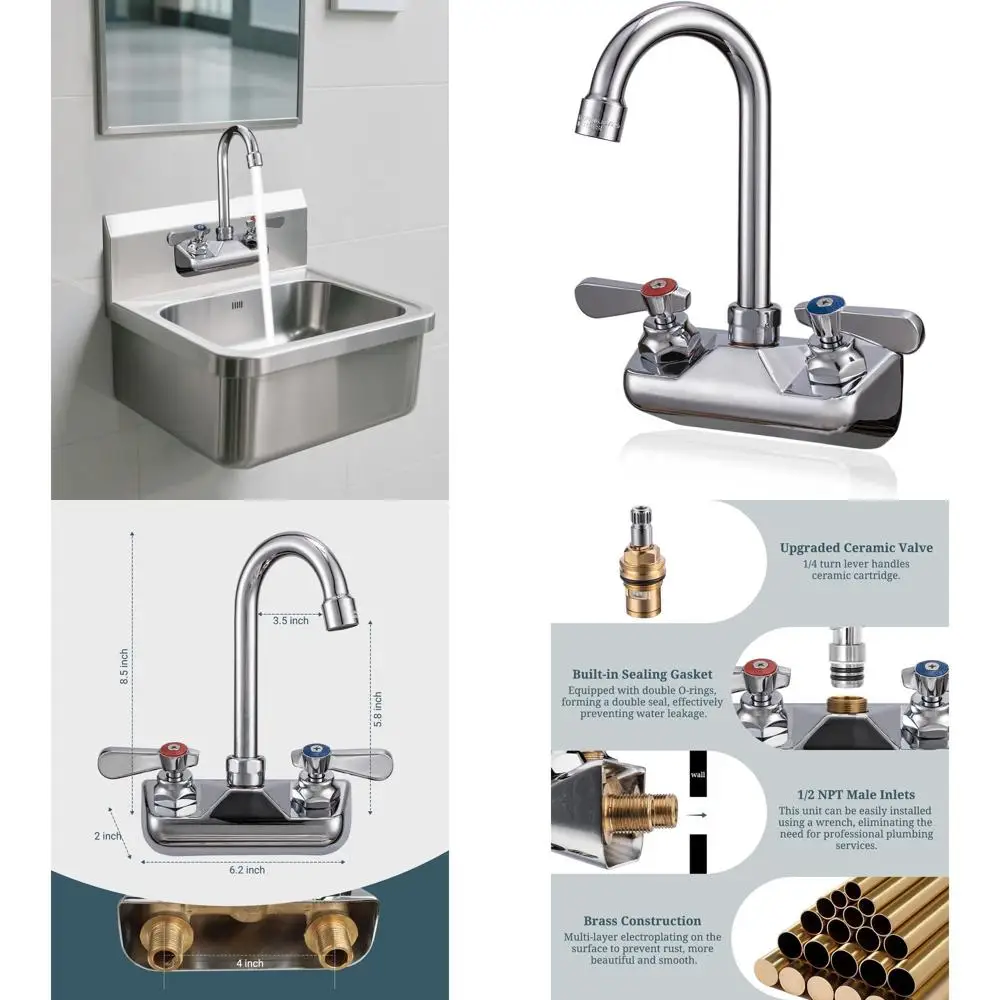 صنبور حوض يد مثبت على الحائط مكون من 4 أسطوانات مع صنبور معقوفة 3-1/2، رافعة مزدوجة، نحاس، صمام سيراميك لغرفة الغسيل والمرافق #1