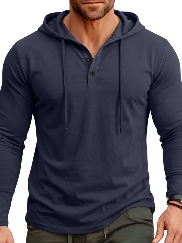 Men's Hooded Drawstring Long Sleeve Shirt Skin-friendly Breathable Polyester Youth Fashion Summer  Color T-shirt