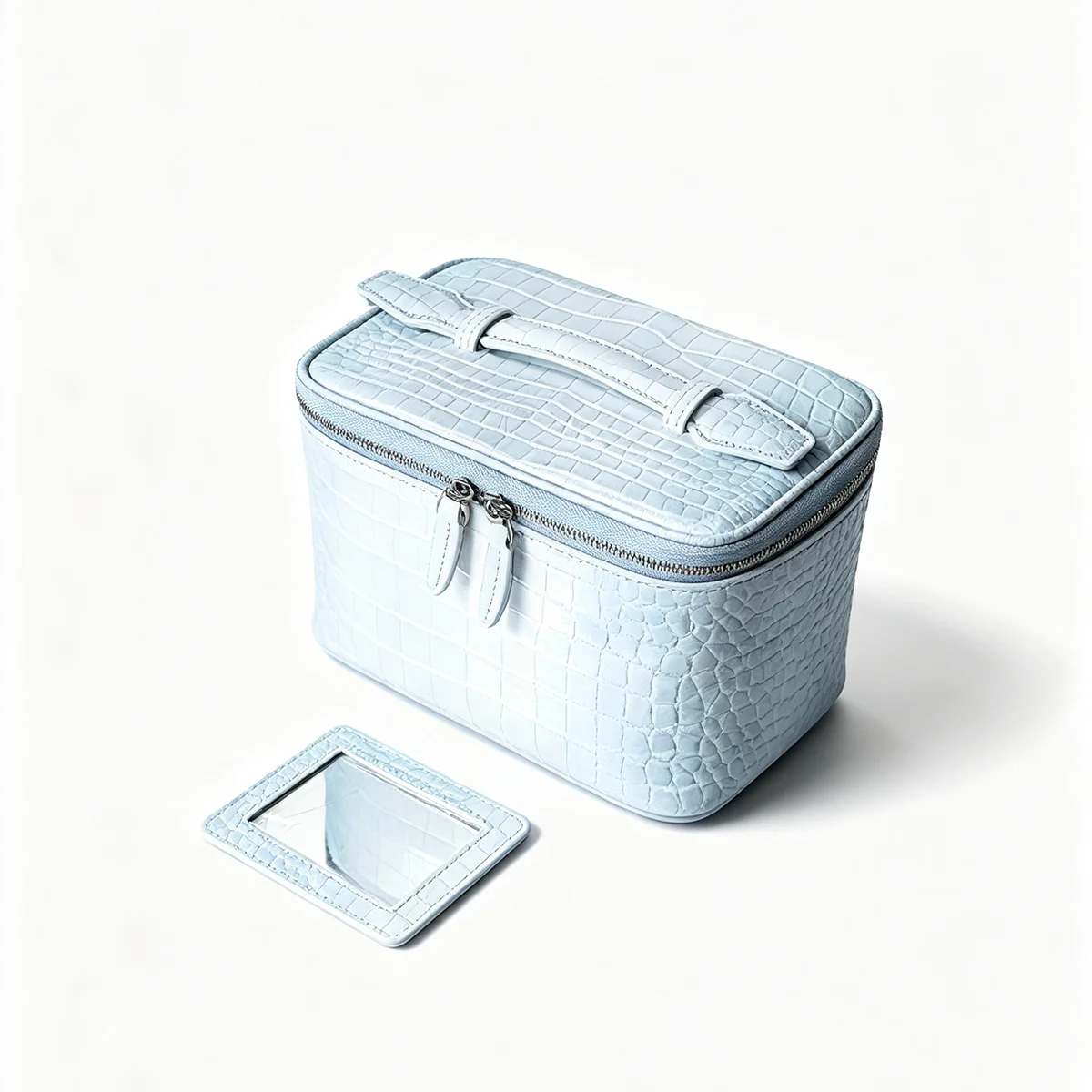Große Kosmetiktasche aus echtem Leder für Damen, mit Krokodilprägung, als Make-up-Organizer und Reise-Toilettentasche mit integriertem Spiegel, Neu – Detail 17