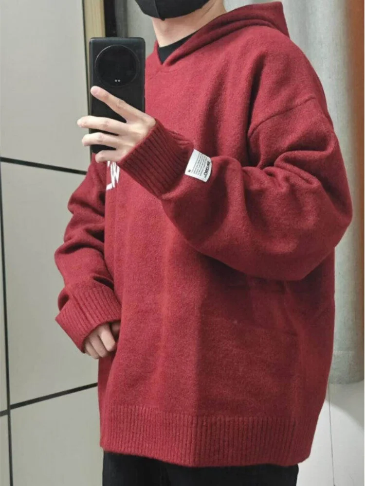 

Красный вязаный свитер для подростков, свободный крой, осень-зима, в американском ретро-стиле, мягкий, удобный, модный, для мальчиков