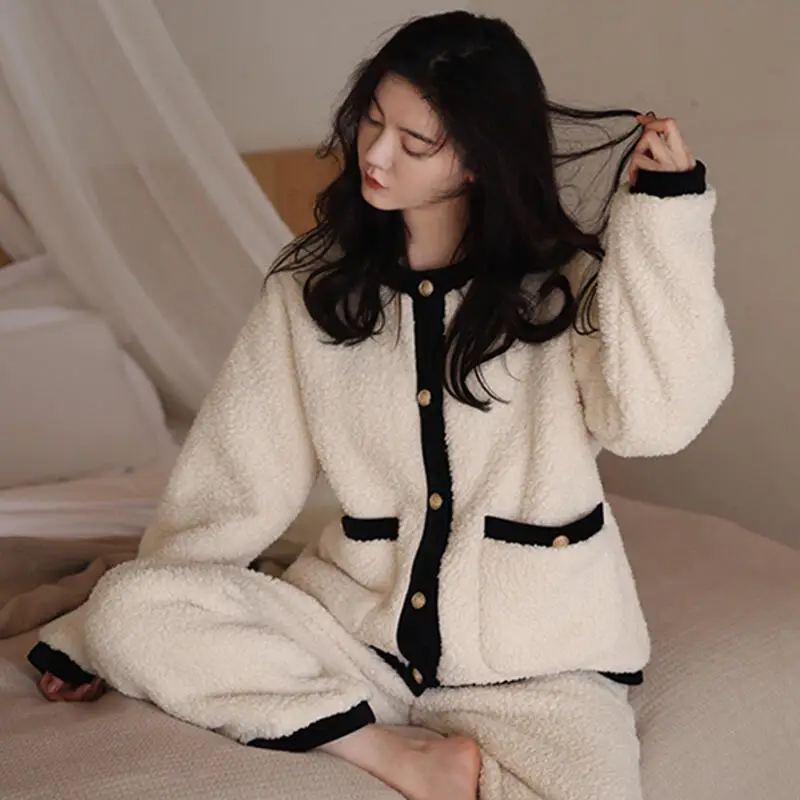 

Thickened Women's Pajamas Homewear Cardigan Coral Fleece Flannel Sleepcoat Autumn Winter Girl's Two-Piece Loungewear Outerwear