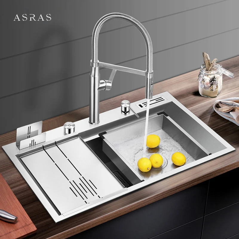 

ASRAS Large Size Single Kitchen Sink SUS 304 Stainless Steel Handmade Brushed 4mm Thickness Above Mount Sinks With Knife Holder