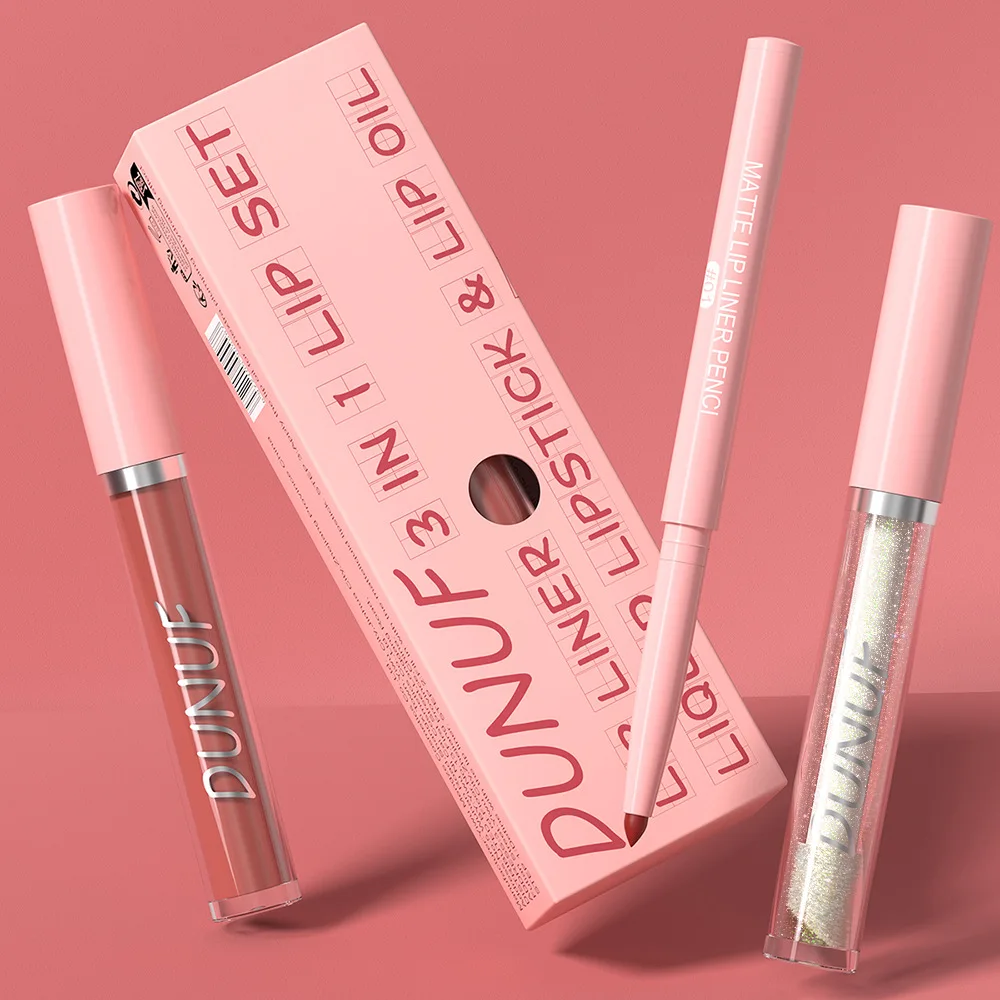DUNUF 3 in 1 doe lips matte waterproof long-lasting non-flaking non-stick cup lip liner + lip gloss + lip oil