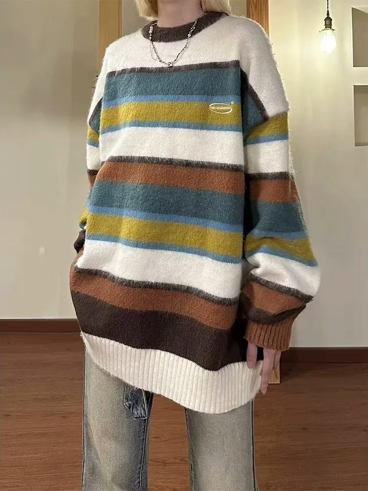 

Ретро-американский полосатый свитер свободного кроя, мягкий и теплый, для весны, повседневный вязаный топ для пар