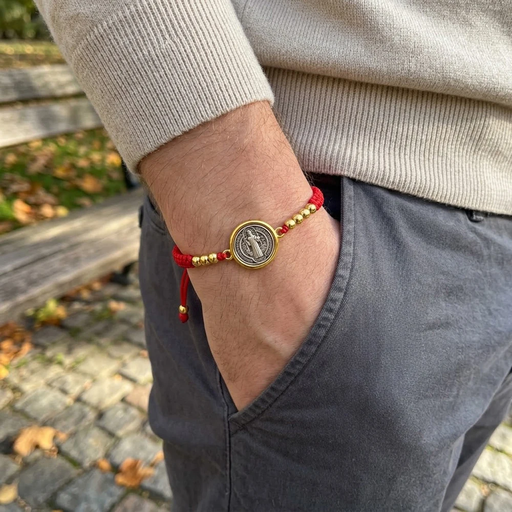 Adjustable Black Red Braided Rope Bracelet Men Women Gold Color Bead Bracelet St Benedict Medal Religious Jewelry Gift